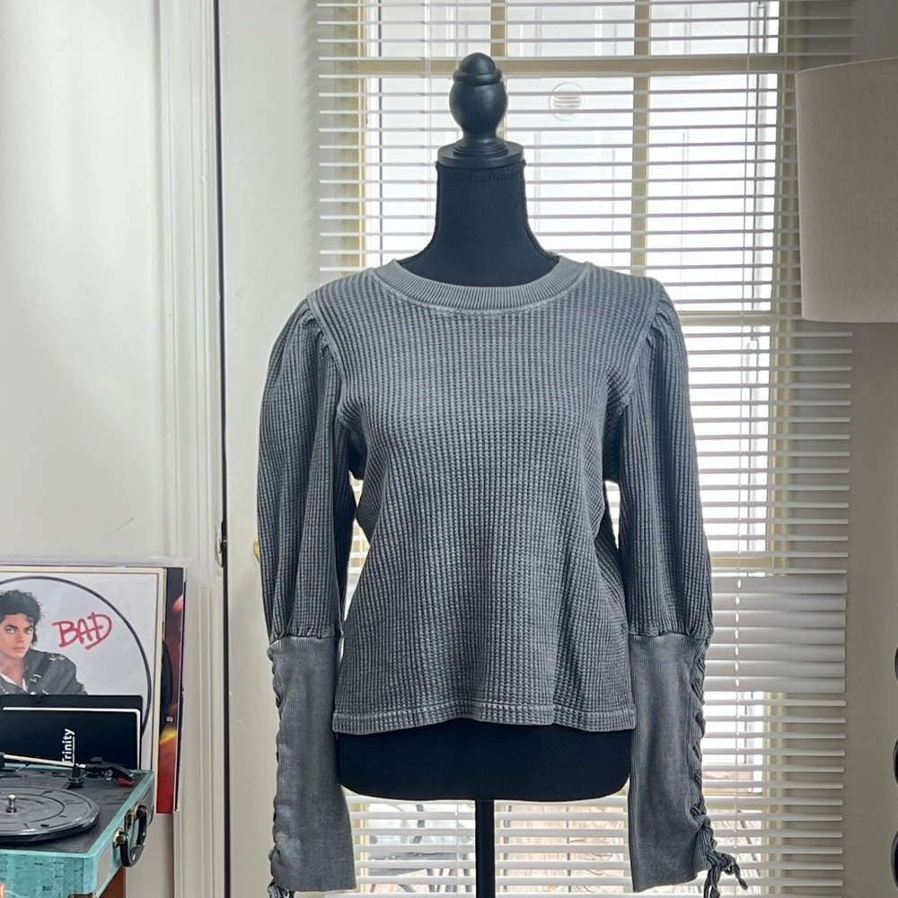 Free People Gray Ribbed Tie Front Long Sleeve Blouse - Picture 8 of 9